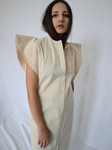 Look 03. Symmetrical Dress with Winged Sleeves, Made-to-Order - FRONT