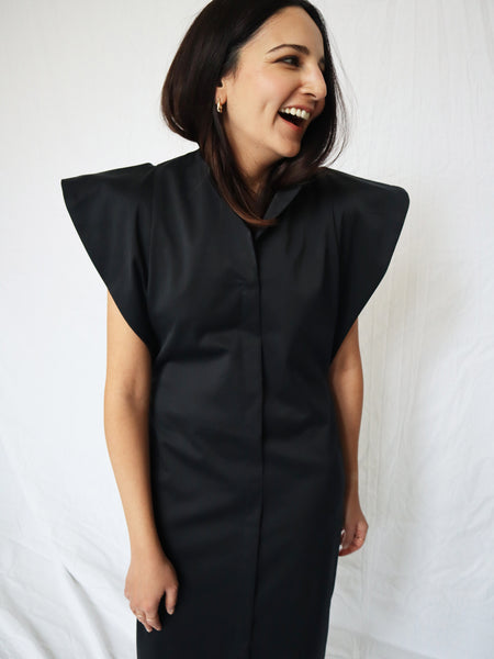 Look 03. Symmetrical Dress with Winged Sleeves in Navy Black - FRONT
