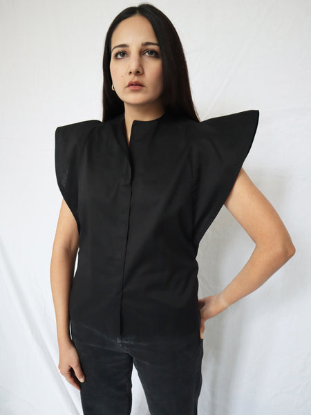Look 03. Symmetrical Blouse with Winged Sleeves in Black - FRONT