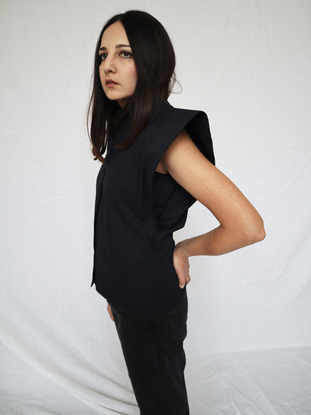 Look 03. Symmetrical Blouse with Winged Sleeves in Navy - SIDE