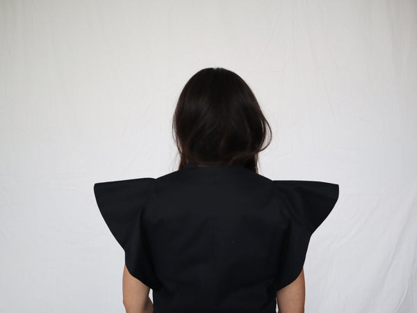 Look 03. Symmetrical Blouse with Winged Sleeves in Navy - BACK